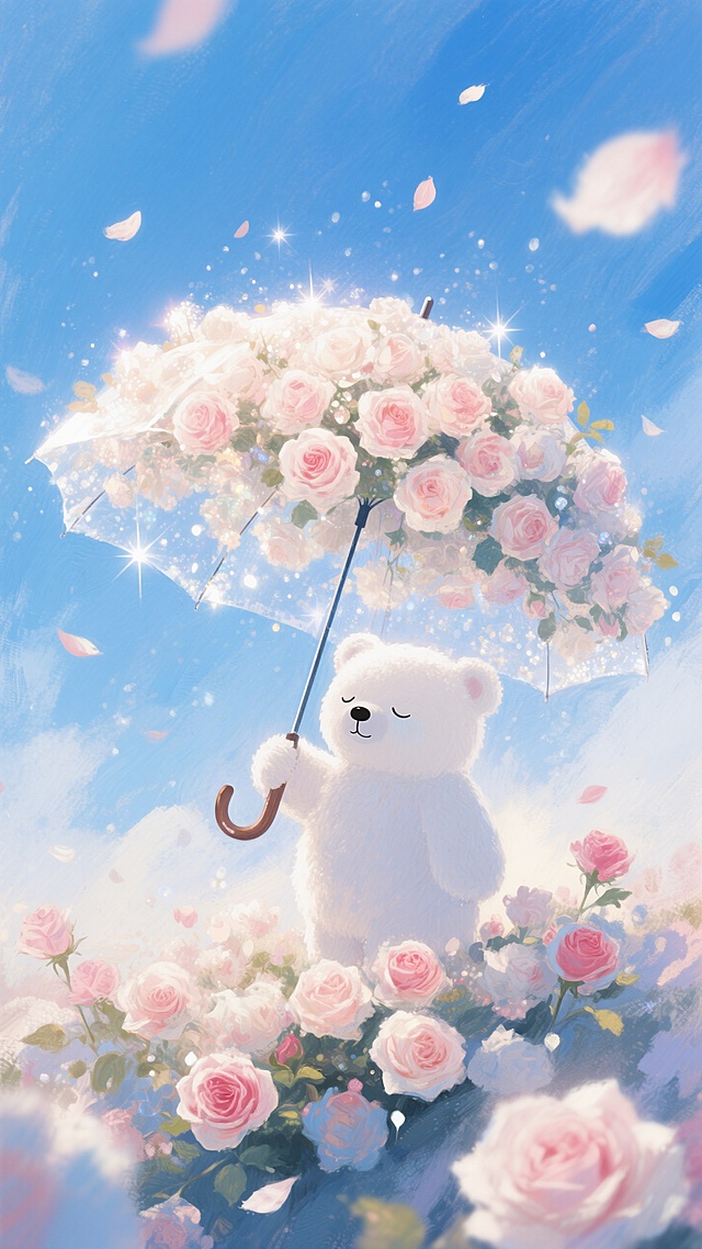 蔷薇花覆盖整个画面。有很小的一只白色小熊，手持一把巨大的由大量的蔷薇花花朵组成的 “花伞” 。它闭着双眼，表情宁静，背景是蓝白相间的天空，有花瓣飘落，浪漫氛围