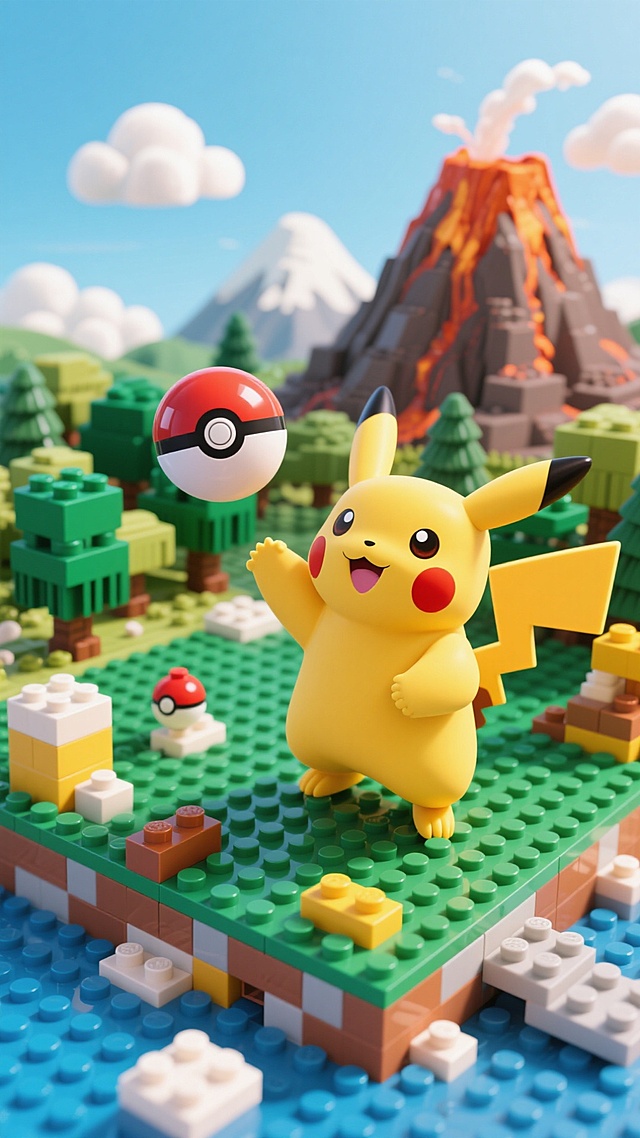 比卡丘，背景是火山+树林+蓝天白云，伸手扔出精灵球，无文字，俯视，积木世界