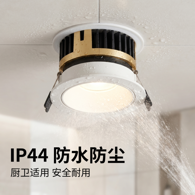 [主图-9] 嵌入式筒灯防水防尘性能展示
[氛围风格] 专业性能测试，真实可信
[画质] 高清商业摄影，清晰展示测试过程，产品真实不变形
[元素] 本款嵌入式筒灯安装在卫生间集成吊顶上，展示喷淋水测试预览效果
