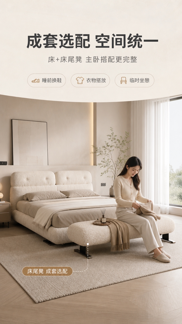 [商品] 使用【图1】意式简约布艺皮床+床尾凳成套；保留床与床… - 图片创意预览
