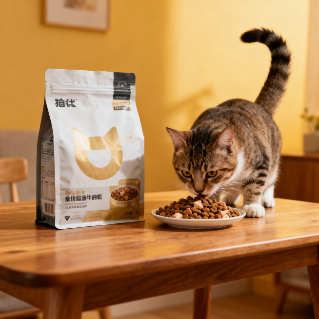 保持图中的猫粮包装不变，背景替换为温暖柔和光线的室内放置猫粮的场景，猫粮旁边有猫咪正在吃猫粮，凸显猫粮美味预览效果