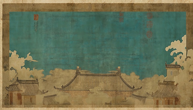 去掉画面中所有的鹤（鸟），保持原图的瑞鹤图古画风格、青绿色古宣纸背景、宋代古建筑屋顶和祥云不变，画面自然协调，保留红色印章