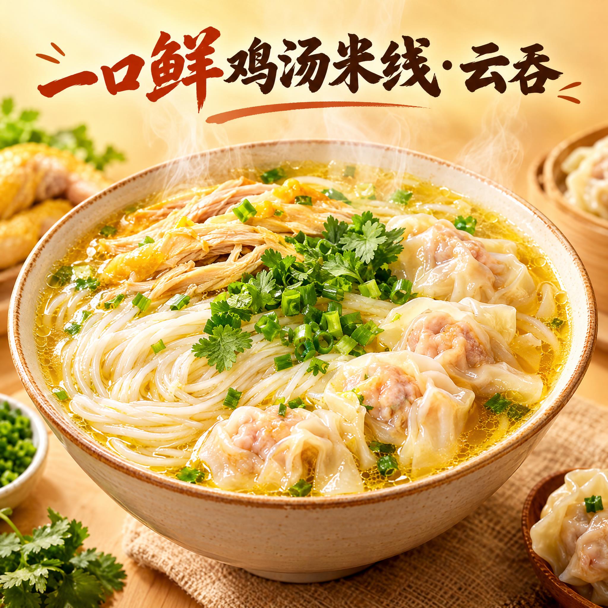 美食头像设计，店名"一口鲜鸡汤米线·云吞"，画面中央是一碗热气… - 图片创意预览