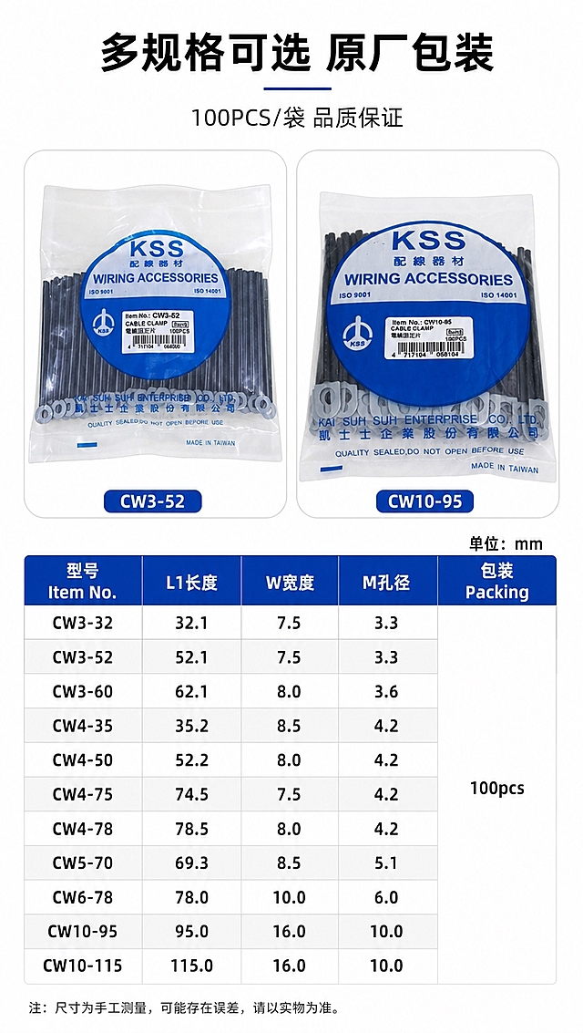 [商品] 使用【图1】【图2】【图3】KSS电线固定片；保留原厂透明包装袋、KSS品牌标签、型号条码、100PCS包装规格、尺寸参数表结构与数据；产品为多规格CW系列电线固定片。
[画面] 页面目标：规格参数+原厂包装收口，作为最后一张信息汇总页。构图：上半区原厂包装展示，下半区规格尺寸对照表。主体位置：上半区左右排列2款包装袋（CW3-52和CW10-95），下半区完整尺寸参数表。主体占比：包装约30%，参数表约50%。景别：包装中景+参数表信息页。阅读动线：顶部包装标题→中部包装实物→底部规格参数表。前中后景：前景包装袋实物、中景参数表格、后景白底。
[视觉] 套系策略：风格=工业五金专业商业摄影风；标题字=粗黑体无衬线；正文字=常规无衬线体；主色=KSS品牌蓝+浅灰白；背景延展=纯白底+浅灰表格分区线；强调色=KSS深蓝，仅用于表头底色和标题高亮；标题色=深炭灰；正文色=中灰；组件=蓝头白底参数表、细线分隔线、圆角包装展示区；光影=顶部均匀冷白光，包装袋清晰无反光干扰。
[文字] 顶部主标题「多规格可选 原厂包装」，副标题「100PCS/袋 品质保证」；下半区参数表包含型号(Item No.)、L1长度、W宽度、M孔径、包装(Packing)五列，列出CW3-32/52/60、CW4-35/50/75/78、CW5-70、CW6-78、CW10-95/115共11个型号及对应尺寸，单位mm，包装100pcs；表格文字清晰可读，移动端可辨。
[规格] 图片比例9:16竖版，4K分辨率，负向提示：避免变形、错字、参数数据错误、表格文字过小、包装文字错乱、产品颜色改变、非白底脏污背景。