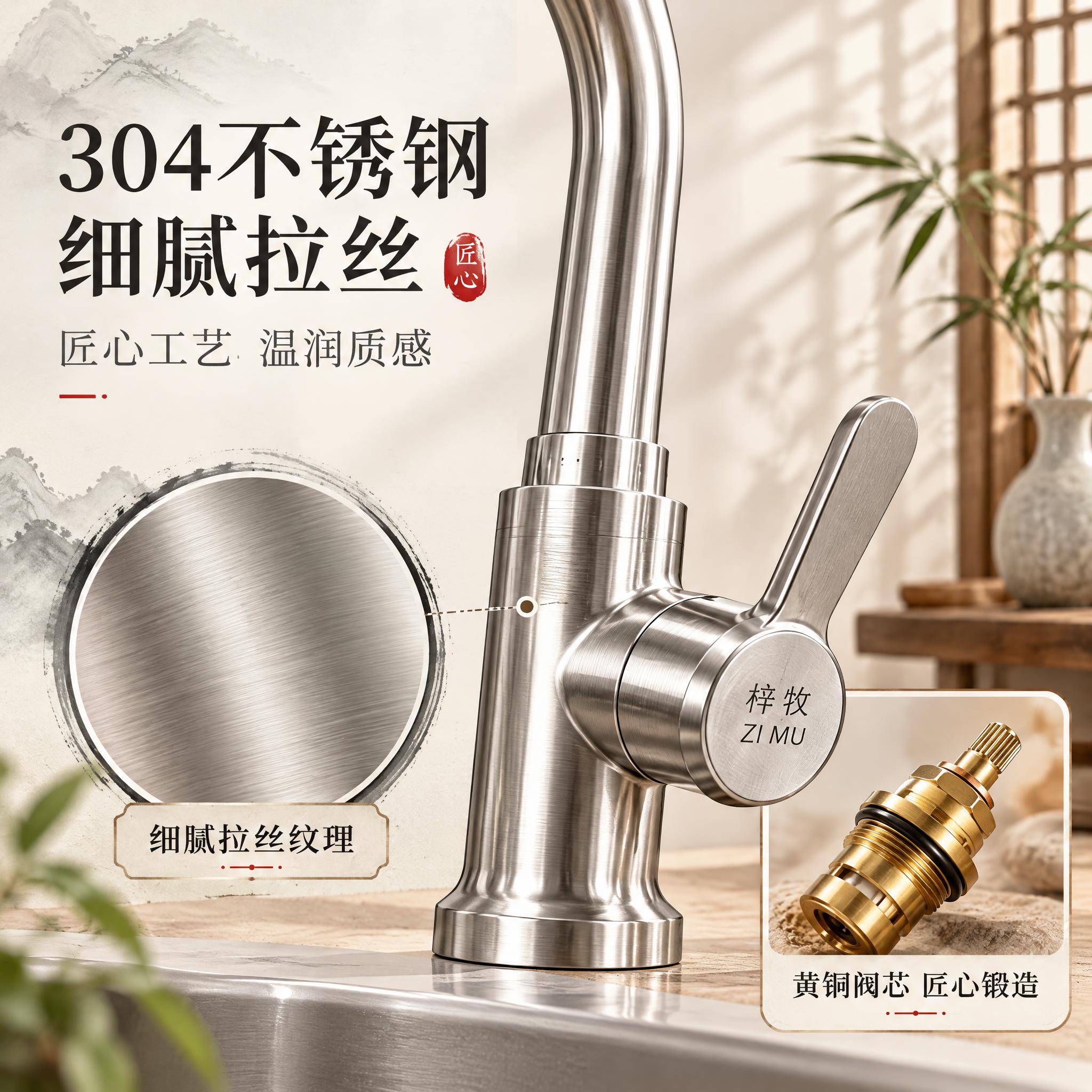 [主图-3] 材质工艺细节图，新中式禅意风格，展示304不锈钢… - 图片创意预览