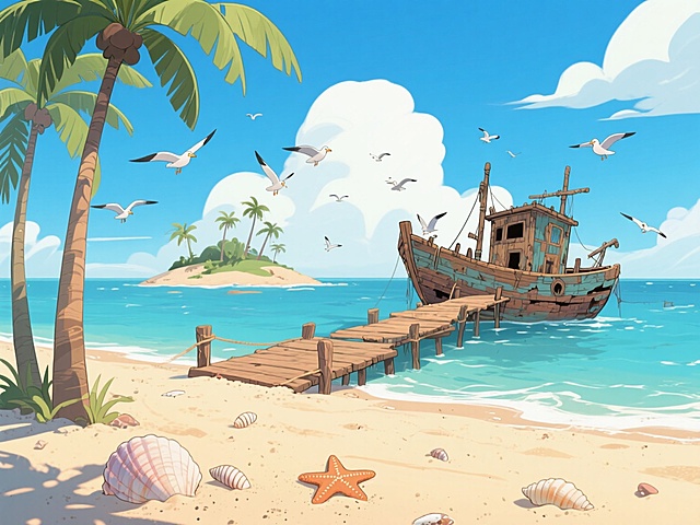 清新插画风，卡通海滩场景，木船停泊，海鸥飞翔，椰树沙滩，夏日氛围。