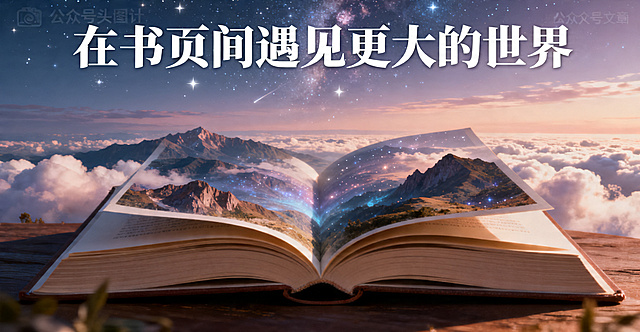 公众号头图设计，画面中心有一本摊开的书籍，书页中延伸出广阔梦幻的世界风景，包含山脉云海和星空，上方配有醒目的文字"在书页间遇见更大的世界"，整体风格温暖治愈，色调柔和舒适，适合作为公众号文章封面图