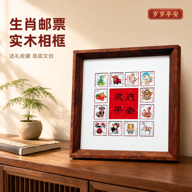[主图-1] 生肖邮票实木大相框空间场景展示首图。氛围风格：中式原木风客厅温馨居家生活感，高级文创质感。画质：商业摄影质感、光线柔和通透、产品清晰真实、画面干净高级。元素：生肖邮票实木大相框放置在中式预览效果