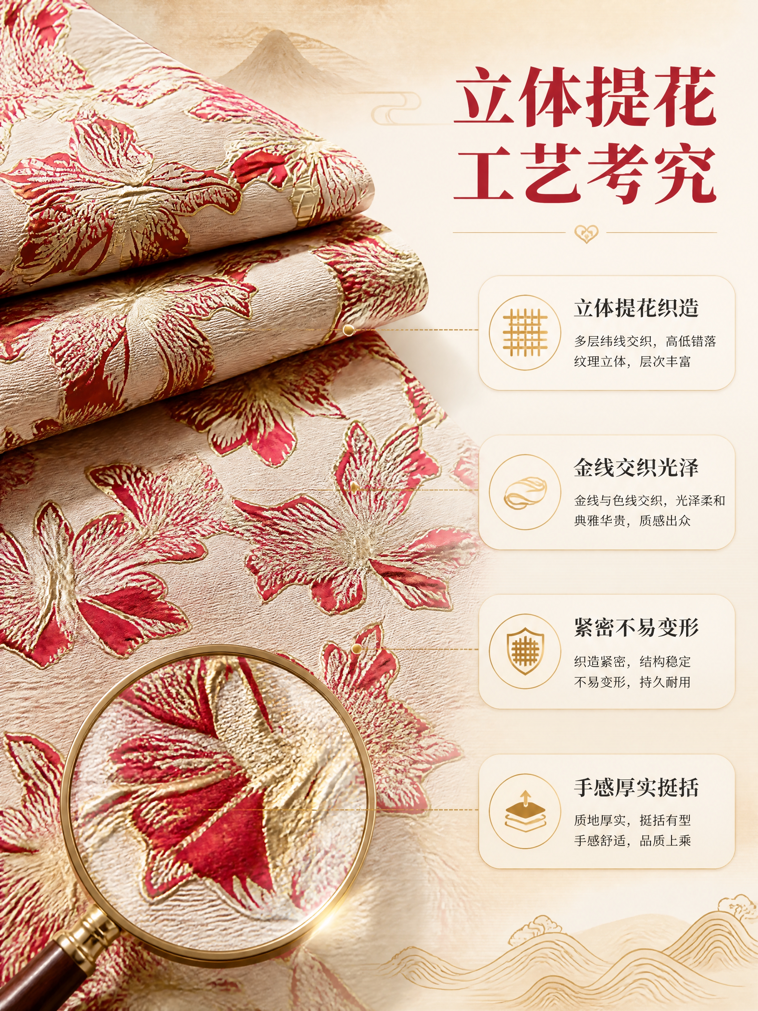 [商品] 使用【图1】红金花卉提花面料；商品处理：保留米白底、… - 图片创意预览