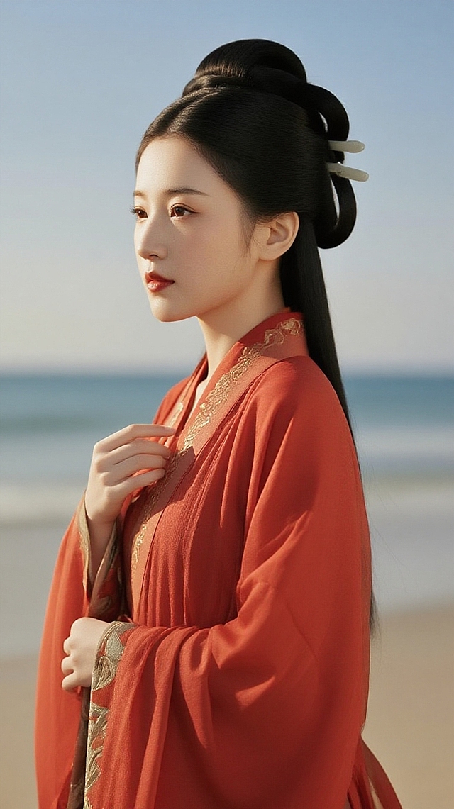 古典中式美人，红袍金绣，海边静谧，国潮风韵，水墨意境。