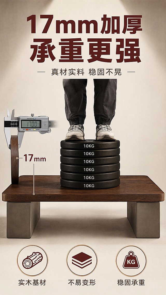 [第3张] 核心卖点页-17mm加厚实木承托力展示。本张使用【图4】深胡桃色实木板作为商品主体。
[氛围/风格] 力量感+品质感，深胡桃木色高端大气，承重演示直观震撼，拼多多卖点直给风格。
[元素布局] 深胡桃色硬床板横向架在两个支撑物上，中间站人或堆放重物展示承托力，床板不弯曲不变形；床板侧切面清晰展示17mm厚度；旁边放卡尺标注厚度；深胡桃木纹、圆角边缘与输入产品图一致。
[光影质感] 顶部聚光照明，突出床板质感，侧切面厚度清晰可见，阴影硬朗有力量感。
[配色色系] 全局底色 #F5F0E8（浅米灰）；主色深胡桃木色+金色；辅助色深红标题、米白背景。
[视角构图] 微仰视角度，突出床板的厚实稳固，阅读动线上部标题 → 中部承重演示 → 底部卖点列表。
[文字版式] 上标题+中产品演示+下卖点列表版式。主标题「17mm加厚 承重更强」，深红色加粗大字；副标题「真材实料 稳固不晃」；底部三个图标卖点：「实木基材」「不易变形」「稳固承重」，每个配简约图标和4字标签；左侧厚度标注「17mm」带引线指向床板侧面。
[比例分辨率] 9:16竖版比例，4K分辨率，文字清晰可辨，高清画质。
[负向提示词] 床板变形弯曲，颜色偏差，缺件错件，水印，文字错乱，产品模糊。
