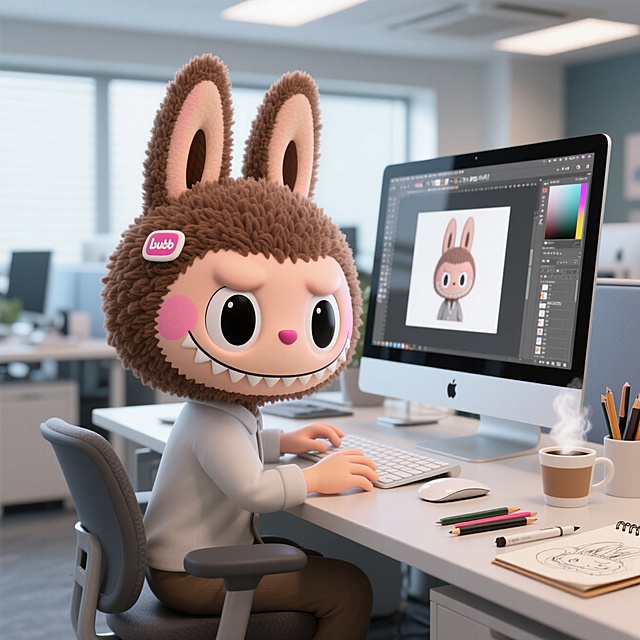 在办公室，电脑前，它开着ps，工作是设计师