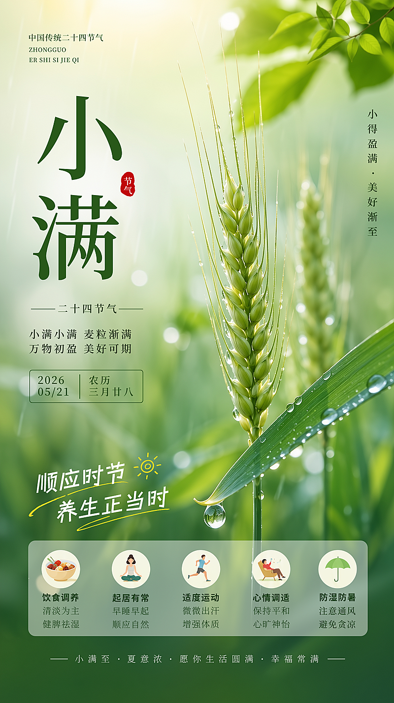 二十四节气小满节气养生微信朋友圈小红书宣传海报设计