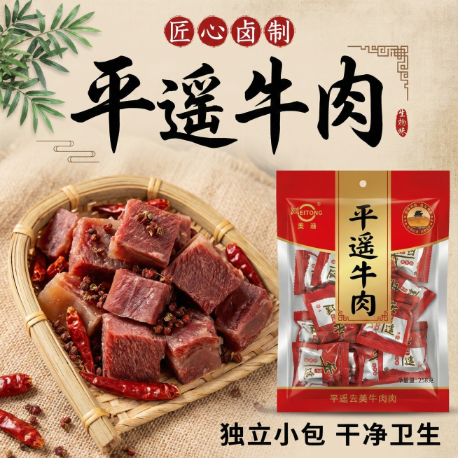 我的产品是平遥牛肉 帮我做20张拼多多高级主图预览效果