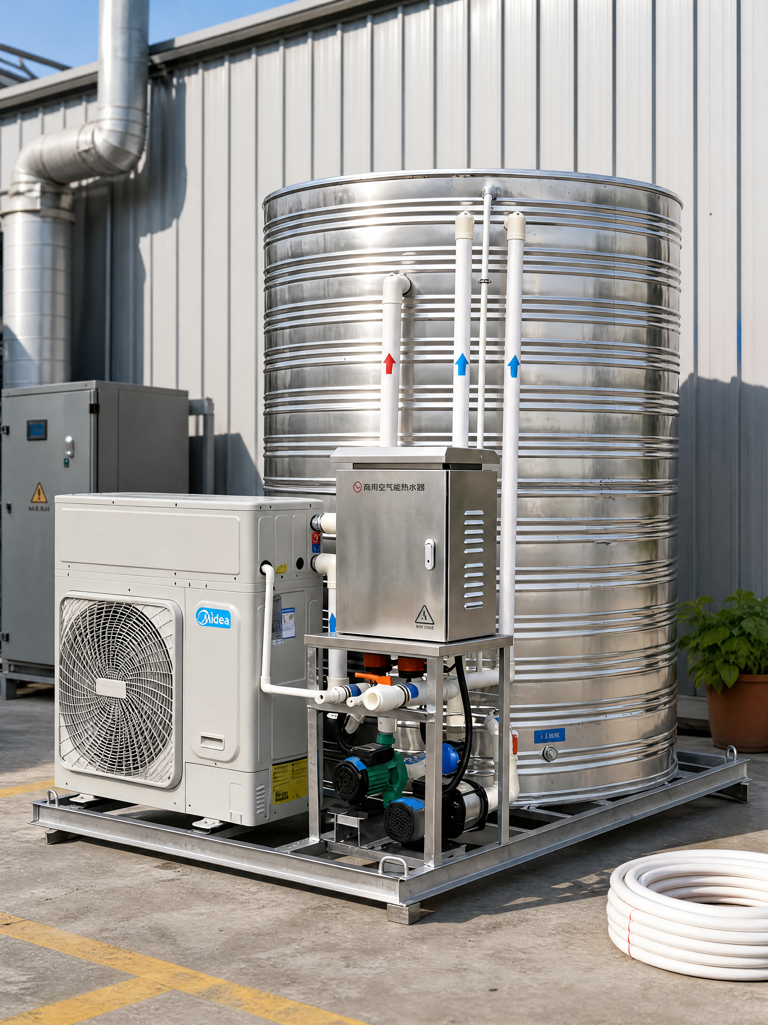 商业级工业产品摄影。 主体：商用空气能热水器严格参照上传产品图… - 图片创意预览