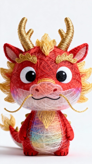 3d 红色龙头部ip图像，龙角、眉毛为金色，龙鬣和龙鳞呈金黄色，眼睛又大又圆，黑色眼球白色眼白。鼻子、嘴巴轮廓柔和采用线条缝制，两根金色的胡须翘起来。整体形像呆萌可爱、活灵活现。只要头部正面。白色背景预览效果