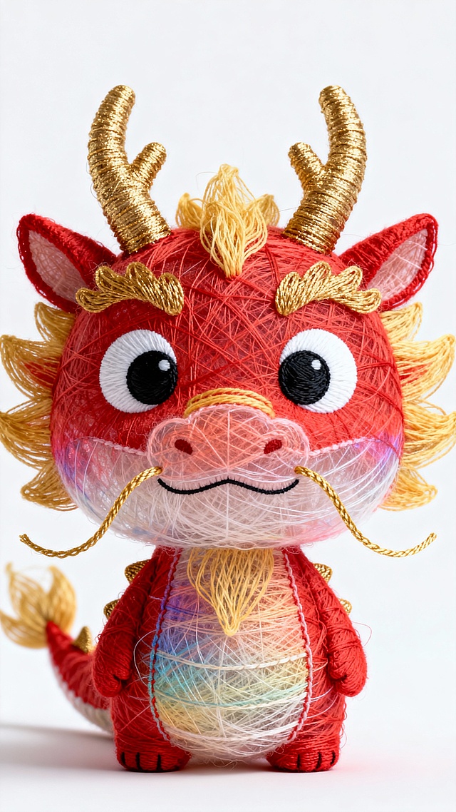 软3D刺绣风龙娃，融合国潮元素与毛发生长质感，红金配色喜庆可爱，卡通造型萌趣十足，传递中式节日祝福。