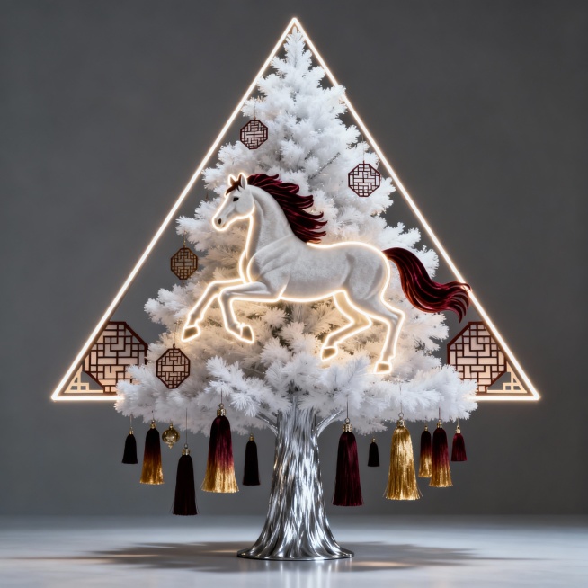 A contemporary minimalist Christmas tree with elegant horse silhouettes integrated into its triangul预览效果