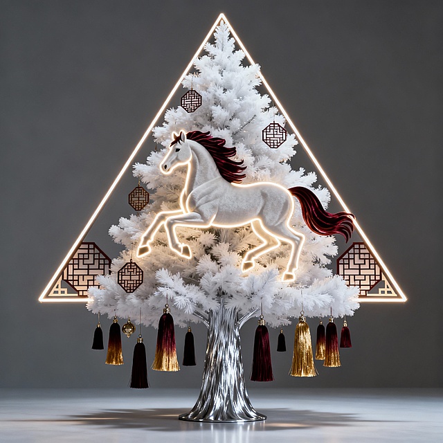 融合了马年，马的元素，然后希望下大雪，并融入中国的窗花和流苏