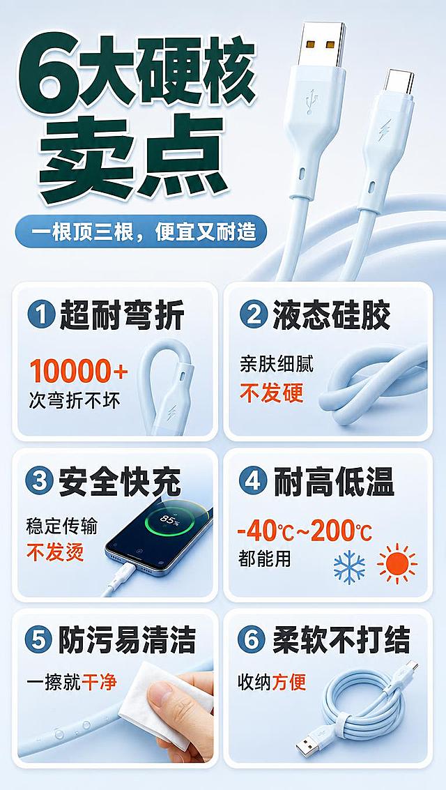 [商品] 使用【图1】液态硅胶快充数据线；保留线身结构、接头造型、硅胶材质、浅蓝色主款；去除原图顶部"工厂旗舰店"与品牌 Logo 文字，产品本体不变。
[画面] 目标：核心卖点总览，6大卖点一目了然，大字清晰。构图：顶部大标题，下方 2 行 × 3 列大卡片布局，每卡配小图+大字卖点，产品主图放在右上区域做视觉锚点，产品占画面约 40%。背景：浅蓝白渐变，卡片用白色圆角粗边。
[视觉] 套系策略：风格=拼多多大字报风格，简单粗暴高对比，手机端快速阅读；标题字=超粗黑体，字号极大；正文字=粗黑体，字号偏大；主色=浅蓝（取自产品）；背景延展=浅蓝到白色渐变、同色系深浅卡片、柔和光影；强调色=橙红色，仅用于重点数字和利益标签；标题色=深墨绿/深青；正文色=深灰；组件=圆角粗边信息卡、粗体卖点胶囊、大字号数字标签；光影=正面柔光，产品清晰立体。
[文字] 顶部超大标题："6大硬核卖点"；副标题："一根顶三根，便宜又耐造"；6 个卖点卡片：①"超耐弯折"——10000+ 次弯折不坏 ②"液态硅胶"——亲肤细腻不发硬 ③"安全快充"——稳定传输不发烫 ④"耐高低温"——-40℃~200℃ 都能用 ⑤"防污易清洁"——一擦就干净 ⑥"柔软不打结"——收纳方便。文字全部横排，字号大，每卡标题加粗放大。
[规格] 单屏比例 9:16 竖版，分辨率 4K，拼多多风格，避免文字过小、竖排文字、产品变形、颜色改变、出现工厂旗舰店字样、出现平台 Logo 水印、极限词。