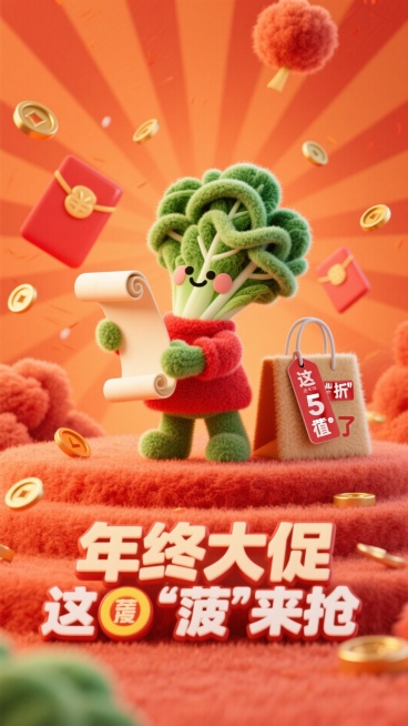 主视觉为可爱菠菜小人手持卷轴，穿着红红火火的衣服，写有 这“菠”值了，旁边放着一个购物带，挂着一个带“全场5折”的标签，促销感橙红背景，放射线、红包元素点缀，有金币撒下来，画面下方3D文字标签“年终大预览效果
