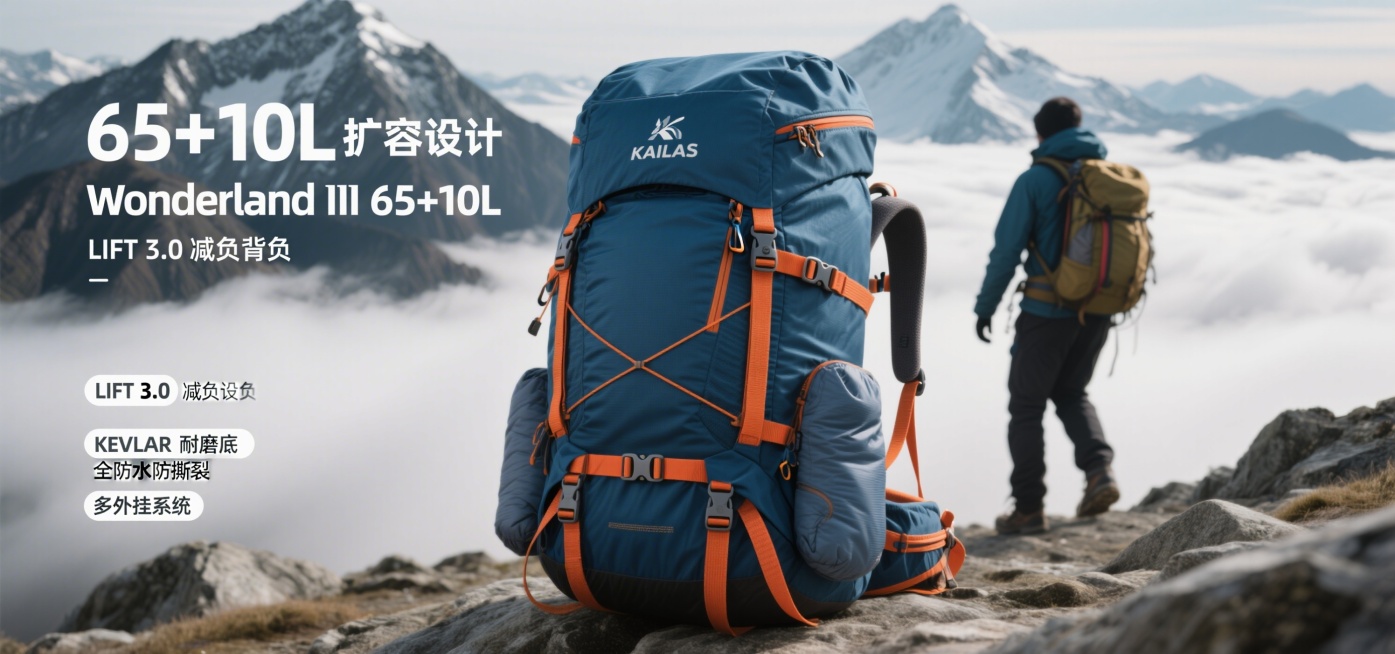 电商主图，专业硬核户外风格，画面中心为KAILAS 凯乐石 Wonderland Ⅱ 65+10L 深海蓝重装登山包，正面全景搭配右侧局部细节同框，包身挺括饱满，品牌logo「KAILAS」与型号「W预览效果