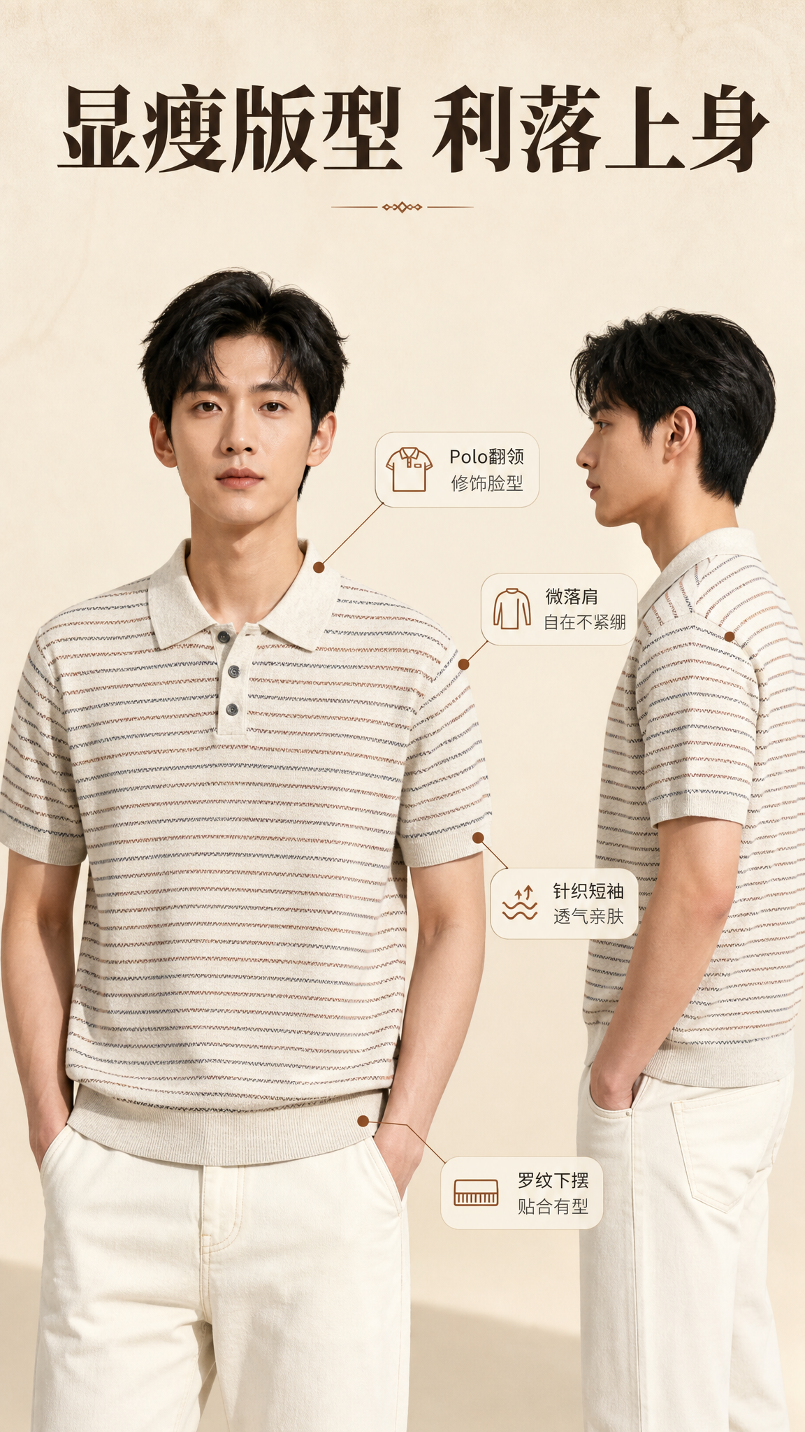 [商品] 使用【图1】男士复古条纹针织短袖Polo衫；商品处理… - 图片创意预览