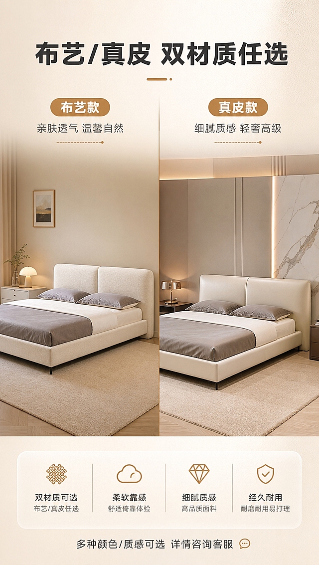 [商品] 使用【图1】米白色意式极简软包床；保留床头双块软包造型、低矮床身、围边结构；生成布艺款和真皮款两个材质版本，造型一致仅表面材质不同——布艺款呈现细腻亚麻/科技布纹理，真皮款呈现细腻头层牛皮光泽与自然皮纹；自然修复产品表面。
[画面] 目标：展示双材质选择，布艺/真皮任选，多种质感随心挑。构图：左右分栏对比布局，左侧布艺款床放在偏温馨自然的卧室场景，右侧真皮款床放在偏轻奢高级的卧室场景；中间用竖线分割，顶部统一标题；两款床均为正面微侧角度，床头软包材质清晰可见。
[视觉] 套系策略：风格=意式极简高级家居商业摄影；标题字=现代无衬线粗体；正文字=简洁无衬线体；主色=奶油米白；背景延展=基于奶油米白做深浅层级、同色渐变和细腻墙面/织物质感；强调色=暖棕金，仅用于小面积图标、引线和标签；标题色=深炭灰；正文色=中暖灰；组件=圆角浅底信息卡、细线引线、胶囊标签；光影=右前侧暖柔光，柔和自然阴影。
[文字] 顶部主标题「布艺/真皮 双材质任选」，左右两栏分别标注：左侧「布艺款」+ 卖点「亲肤透气 温馨自然」，右侧「真皮款」+ 卖点「细腻质感 轻奢高级」；底部一行「多种颜色/质感可选 详情咨询客服」。
[规格] 图片比例9:16竖版，4K分辨率，淘宝/天猫详情页适配，中文文案；避免变形、错字、文字过小、冷蓝背景、床结构改变、颜色失真。