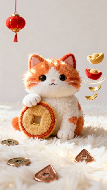Q 版招财猫，橘白短绒肌理 + 蓬松纤维感，边缘柔和毛边，高光集中在毛发凸起处，左爪抱 1 枚毛绒包边金币，右侧漂浮 2 枚迷你毛绒元宝 + 3 片金片（弧形环绕），背景是奶白色毛绒地毯，散落 3 枚预览效果