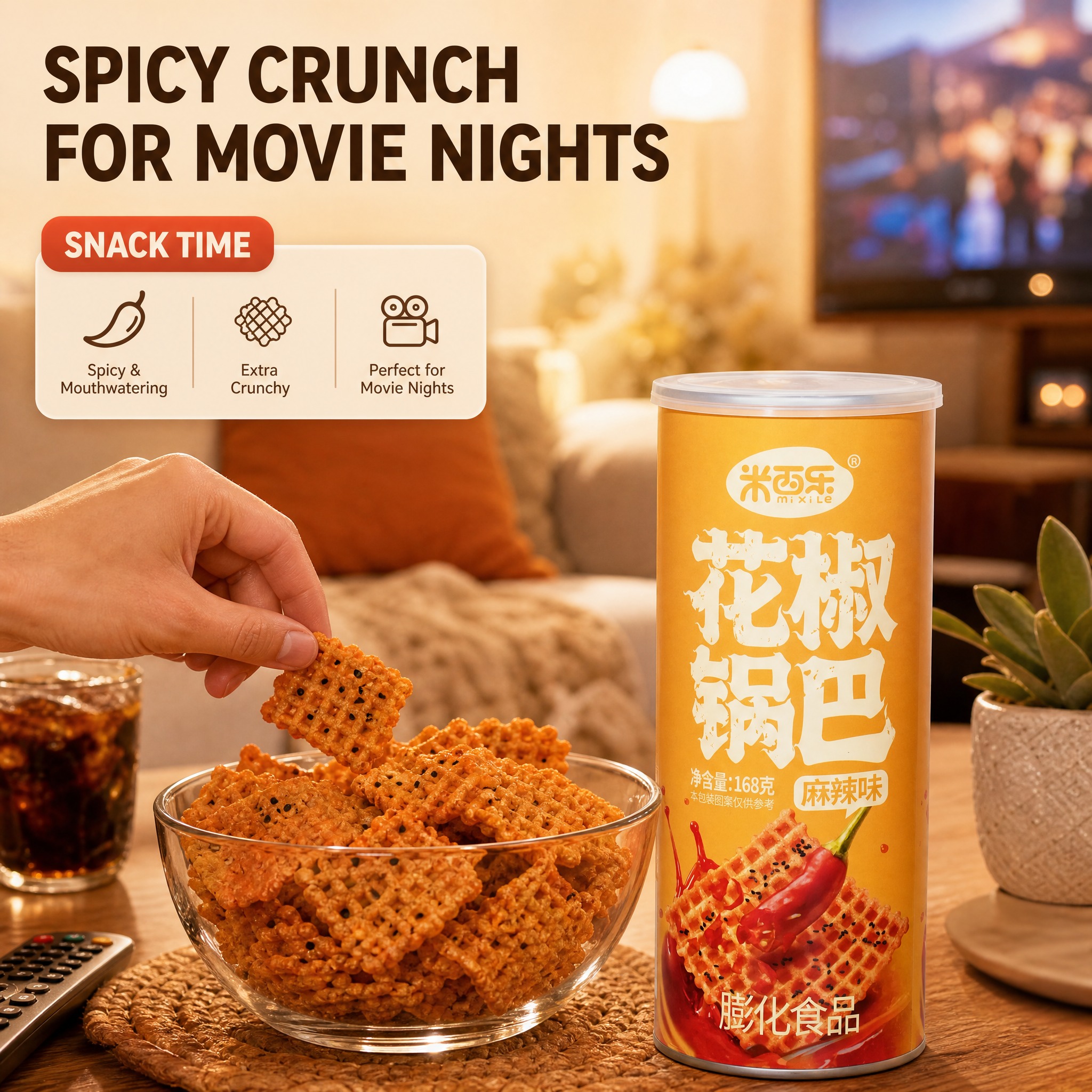 [主图-A3] 场景图：米西乐花椒锅巴麻辣味的追剧休闲食用场景… - 图片创意预览