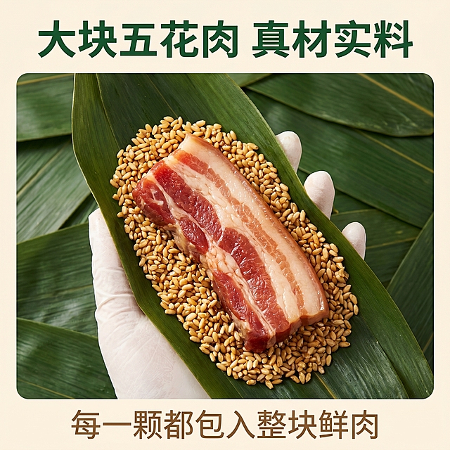 [主图-2] 手工鲜肉粽食材展示。氛围风格：真实新鲜原生态，突出真材实料。画质：商业摄影质感、光线柔和通透、产品清晰真实、画面干净高级。元素：粽叶上放着整块带皮五花肉，周围铺满腌好的糯米，展示饱满大块的鲜肉馅料，保持五花肉和糯米的纹理颜色与输入产品图绝对一致，杜绝变形色差。手工戴手套包粽的手在旁展示，背景铺满粽叶。商品主体占比65%左右，画面满屏无边框。光影：室内柔和自然光，从侧上方打来，突出糯米颗粒感和五花肉油亮光泽。配色：主色调糯米浅棕金色、粽叶深绿、五花肉红白，天然食材配色，干净清爽。视角构图：俯视，馅料为中心视觉焦点，景深较浅，突出食材细节。文字版式：顶部居中写大字“大块五花肉 真材实料”，深绿色粗体，底部辅助文字“每一颗都包入整块鲜肉”小号浅棕字。比例分辨率：1:1比例，2k分辨率，文字清晰锐利，画面超高清。负向提示词：变形，水印，文字错乱，产品图模糊，背景杂乱，食材模糊不清。