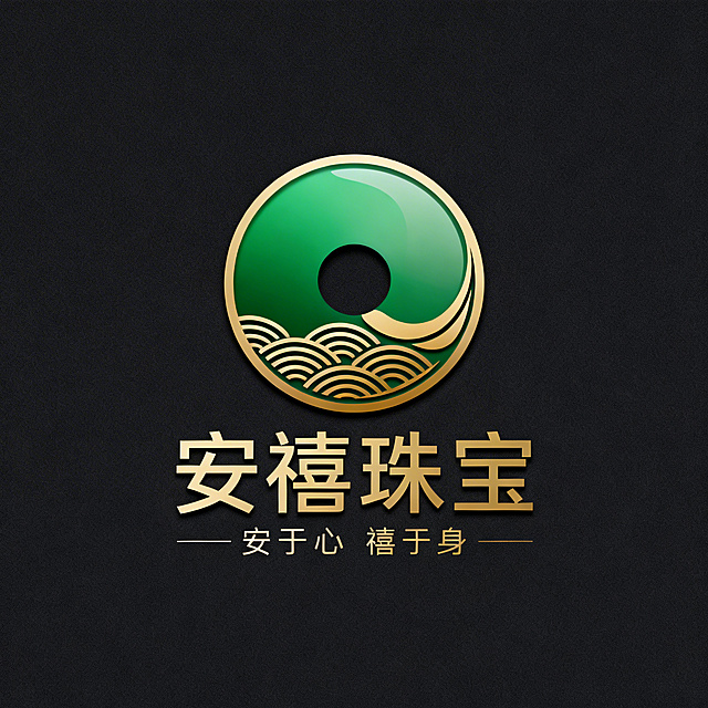 现代简约风格珠宝品牌LOGO，核心为平安扣形绿金标志，主色是正阳绿渐变搭配哑光浅金，内部融入中式波浪水纹与玉扣轮廓结合的抽象流线型金纹。标志下方搭配新中式书法体的“安禧珠宝”字样，字体简约大气无衬线，颜色为哑光金；最下方标注纤细无衬线体的小字“安于心 禧于身”。整体轻奢现代，适配30-50岁中高端客群，为翡翠金镶品类的平面化矢量图，无背景