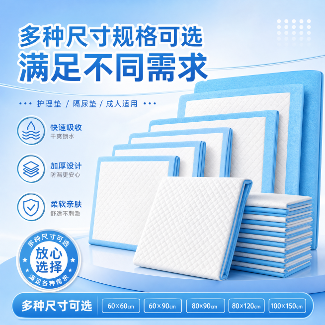 淘宝电商主图，1:1正方形，多种尺寸规格的成人护理垫陈列展示，文案"多种尺寸规格可选 满足不同需求"，清新简约背景，突出产品多样性预览效果