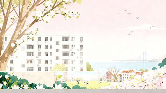 去除图中位于画面中间偏右位置的红色转角武康大楼建筑，保留原有的扁平清新春日上海插画风格，将此位置替换为延续整体场景的淡粉色渐变天空和少量飞鸟，左侧保留完整的白色老居民楼建筑，保持整体风格、低饱和度马卡龙色彩、干净线条与原图完全一致，场景过渡自然无痕，下方长墙的原有春日草坪场景完全保留不变。