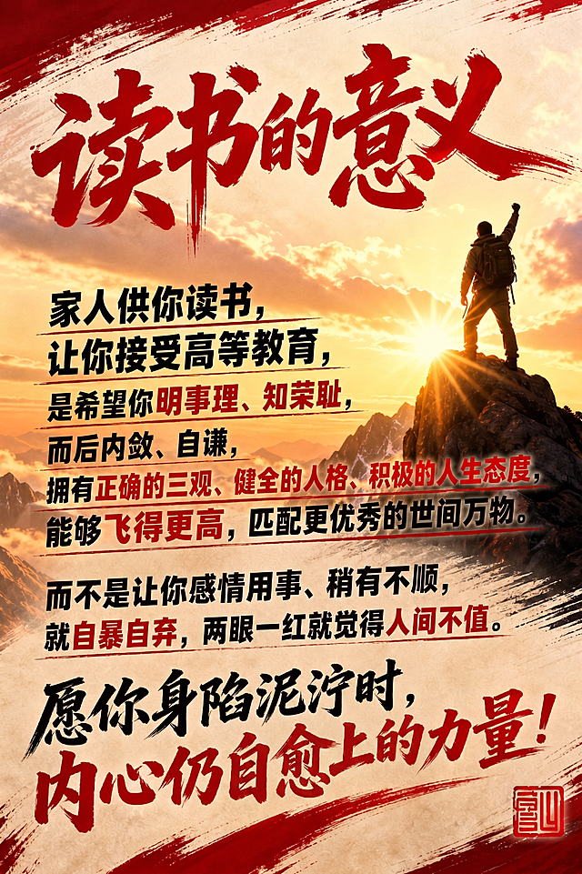 在原图基础上修改，将文字“内心仍有向上的力量”改为“内心仍有自愈向上的力量”，保留原图的所有设计、风格、字体和其他文字内容不变，背景和登山人物保持不变