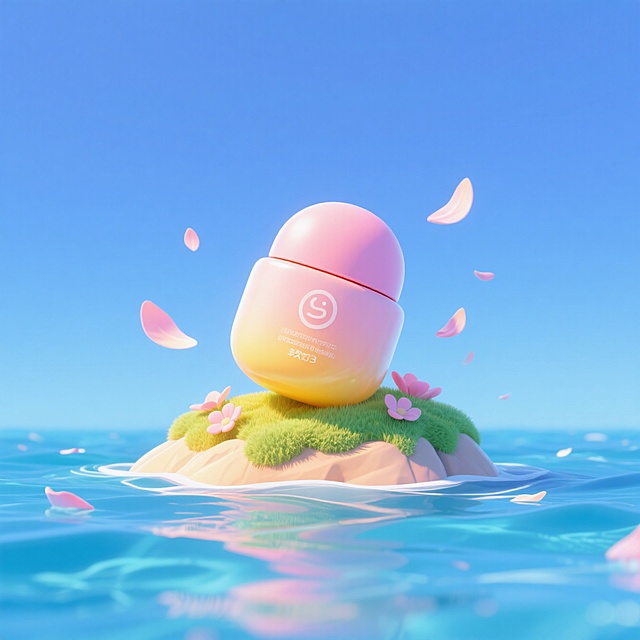 一片海洋里有一块小岛，岛上单独摆着巨大的一个护肤品，周围有花瓣在飘