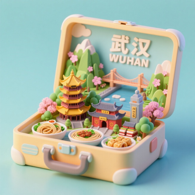 一个箱子，里面是城市微缩景观，有武汉黄鹤楼、、木兰山、樱花，武汉大学，归元寺，长江大桥，加一点热干面，三鲜豆皮，等美食，画布上方印有中文“武汉”和英文"WUHAN",整体画面生动，色调温暖，充满活力和预览效果