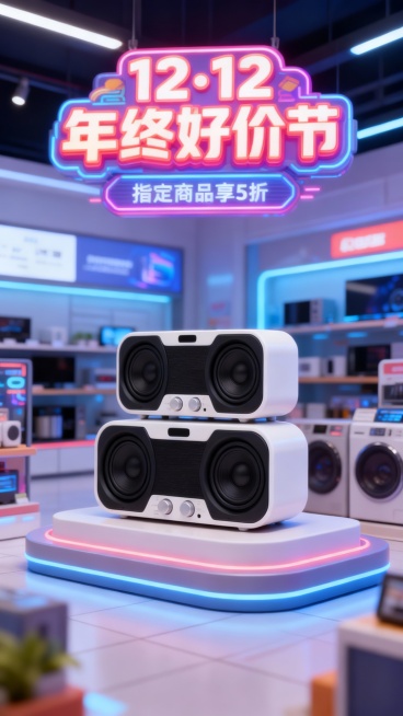 产品色调为主，背景色调以产品色调为主的卡通微缩电器店，电器店陈列着音箱主体，两个音箱一大一小上下叠放，背景上是科技的电器专卖店的陈设，整体风格为3D卡通，主体商品做成3D卡通风格，上方有商品色调为主的预览效果