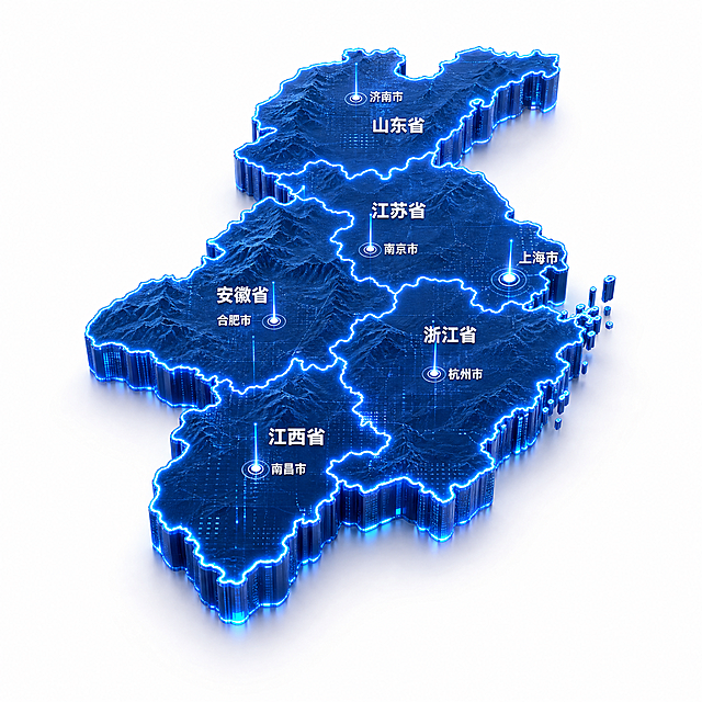 3D立体科技风格的华东五省一市区域示意图，深蓝色渐变立体地形纹理，蓝色发光边缘，底部有立体厚度效果，白色城市名称标注，科技感数据可视化风格，纯白色背景，整体呈现3D悬浮的科技感地图效果，微俯视视角，包含五个省级行政区和一个直辖市的区域轮廓