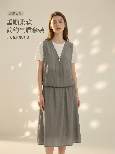 [主图 1] 首图场景氛围展示
[主图主题] 灰色气质温柔套装夏季新款
[氛围/风格] 舒适柔和高级感，极简棚拍氛围，自然光漫射，慵懒松弛感
[画面元素] 保持原商品款式、模特外观不变：原欧美模特站立预览效果