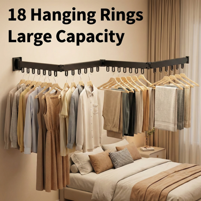 展示晾衣架多环挂衣容量，画面呈现挂满衣物的晾衣架，突出"18 Hanging Rings" "Large Capacity"文字，产品严格按照原图样式，背景为温馨的卧室场景预览效果