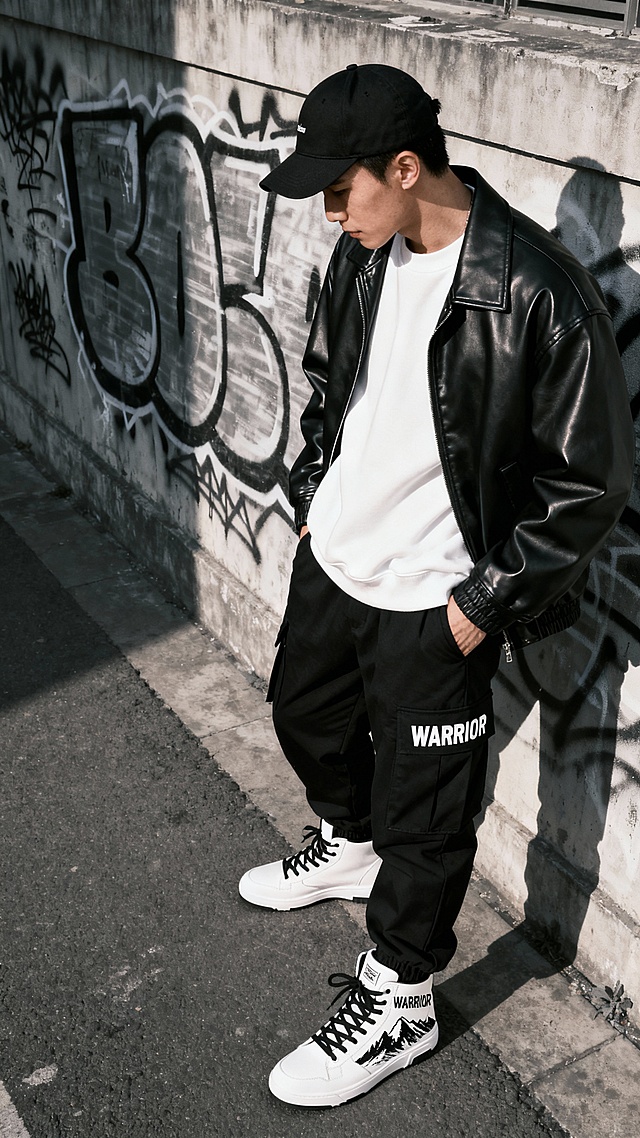高角度俯拍全身，亚洲男性模特穿着白色高帮运动鞋，鞋款保留完整细节：黑色鞋带、鞋侧'WARRIOR'字母印花及山脉图案，搭配黑色束脚工装裤、oversize白色卫衣外搭黑色皮质夹克，头戴黑色棒球帽，单手插兜站立于城市涂鸦墙前，午后侧逆光，突出鞋款立体感与服装层次感，整体色调黑白灰为主，细节清晰，8K高清画质，时尚杂志大片风格