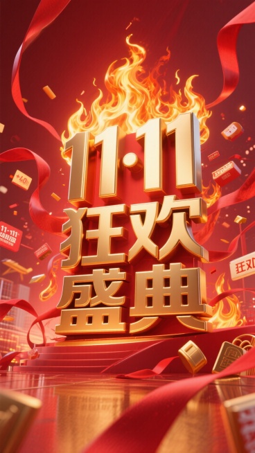 金属艺术字体设计“11·11狂欢盛典 ”，金色火焰金属质感，红色背景，周围有轻盈飘逸的红色丝带，活动氛围，促销元素包围预览效果