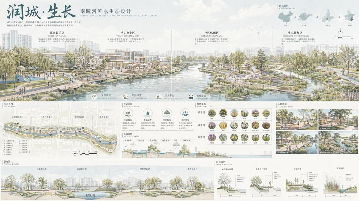 8K高清，顶级画质，景观专业竞赛展板，青岛市城阳区南疃河滨水生态设计，A1横版，网格排版，版式高级干净；河道自左至右划分：儿童娱乐区、活力商业区、社区休闲区、生态修复区，功能分区清晰有序；结合生态驳岸预览效果