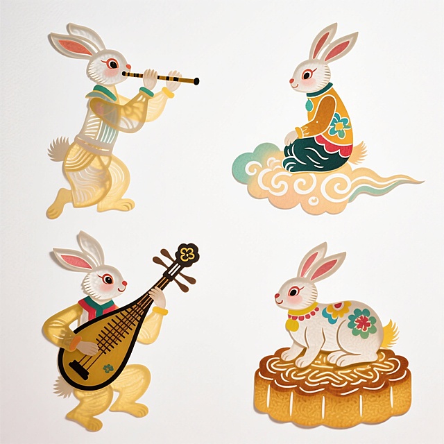 4个明亮的彩色拟人化玉兔素材（2X2规整排布），带有不同动作：1、吹笛子，2、坐在祥云上，3、弹琵琶，4、坐在月饼上。纯白色背景