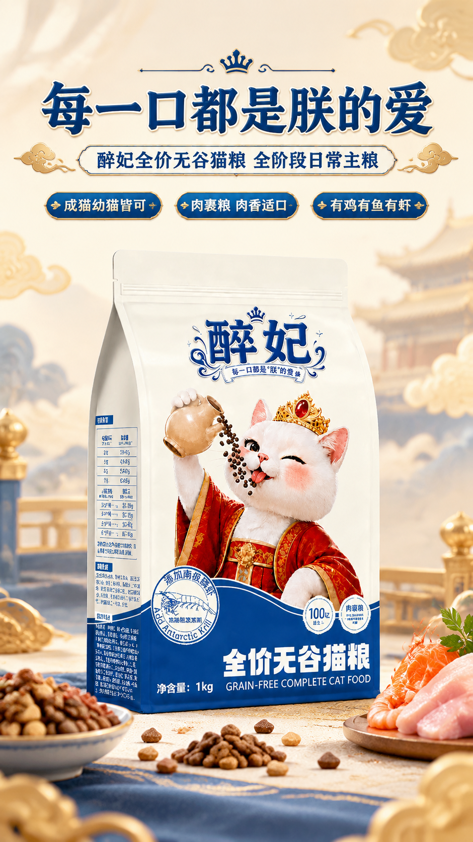 [商品] 使用【图1】醉妃猫粮1kg包装袋；保留包装整体结构、… - 图片创意预览