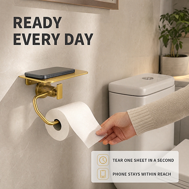 [主图-8] Wall-Mount Brushed Gold Toilet Paper Holder with Shelf 日常生活使用场景图，任务：展示取纸瞬间与随手放手机的便利。
[统一基调] 全组统一视觉：现代轻奢卫浴实景电商风。背景主色为暖白与浅米灰；主标题字色深炭灰 #2B2B2B，辅助文字中灰 #6E6E6E，强调色为拉丝金 #C9A227 并与产品金属同色系。全组只用一款现代无衬线字体，标题粗体大写，说明文字字号比标题缩小 50% 以上。全组满版无边框大图，卡片为极轻半透明白底，图标为细金线描边圆角图标。全套不出现中文、装饰边框、平台 Logo 与水印。
[画面] 傍晚暖白光的现代浴室远景，镜头略微仰视，空间包含浅灰石纹墙面、白色陶瓷马桶与一盆绿植。Wall-Mount Brushed Gold Toilet Paper Holder with Shelf 安装在马桶侧墙，画面右侧进入一位 30 至 40 岁欧美成年女性的手部与前臂，衣袖为米白色针织长袖，仅露出手部，指腹轻捏纸巾卷边缘抽出一张纸，纸巾自然垂下并保持薄而连续的形态；置物台上平放一部深灰色手机屏幕朝上熄灭。产品完整清晰，与墙面接触真实不悬浮，产品外观、结构、颜色与输入图一致。
[光影质感] 柔和的窗光为主光，暖白基调，金属表面有细腻环境反光，手部与纸巾有自然接触影，画面对比柔和。
[配色] 环境为暖白与浅灰石纹，米白衣袖作柔和陪衬色，拉丝金为唯一强调色，占比克制。
[文字版式] 左上主标题 "READY EVERY DAY"，右下两条短说明 "TEAR ONE SHEET IN A SECOND"、"PHONE STAYS WITHIN REACH"，全英文横排、无逗号、字号明显小于标题。
[输出要求] 1:1 正方形，手部自然、产品清晰；负向：多余手指、畸形手、融合手指、肢体穿模、人物面部、变形、错字、中文、模糊、悬浮、水印、平台 Logo。