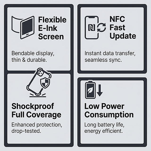 [核心卖点模块] 跨境电商详情页模块，展示四大核心卖点：Flexible E-Ink Screen、NFC Fast Update、Shockproof Full Coverage、Low Power Consumption，科技简约风，浅灰+深空灰配色，英文文案，每个卖点配对应图标和简短说明，Bento栅格布局，四个卖点卡片均分排列，整体背景浅灰，卡片用深空灰边框和浅灰底色，文字清晰对比强烈，符合跨境平台规范，简洁主体突出，1:1构图，超高清商业设计，文字清晰可辨。