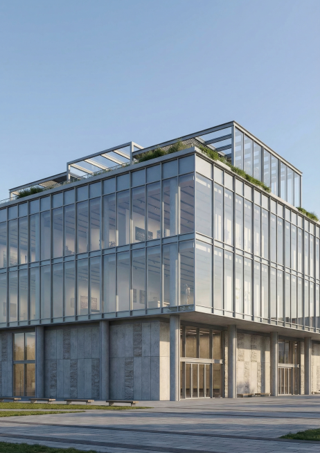 根据提供的建筑平面图，渲染出一座现代化的博物馆建筑，保持原平面布局结构，写实风格，清晰的建筑外观预览效果