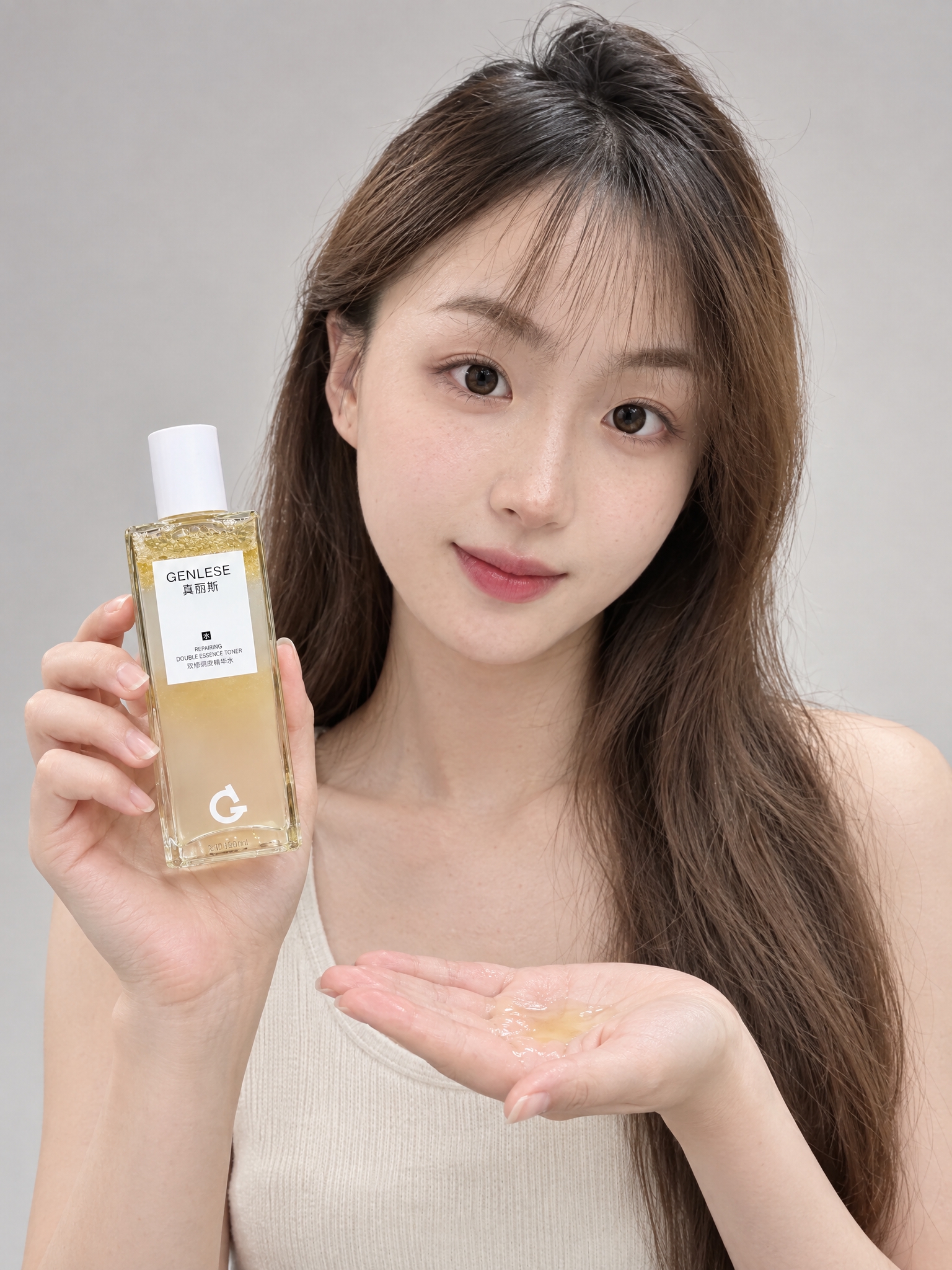 专业美妆产品棚拍，年轻东亚女性模特，面容与参考图中女孩完全一致… - 图片创意预览